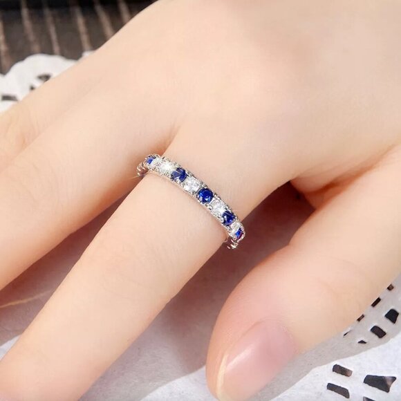 NEW 925 Sterling Silver Sapphire Diamond Ring Thin Ring Band - Picture 6 of 7